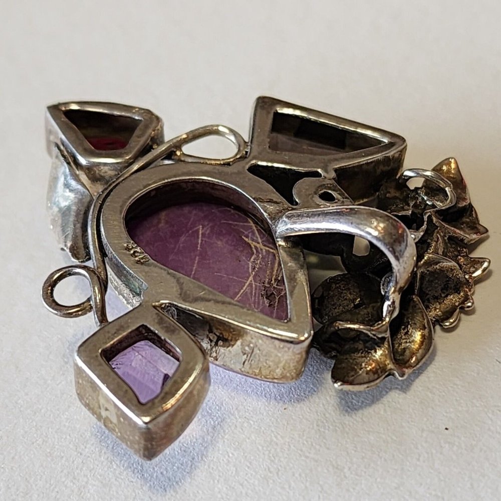 Vintage Sterling 925 Pendant Semi-precious Stones Floral Silver Work With 24... - Picture 15 of 16